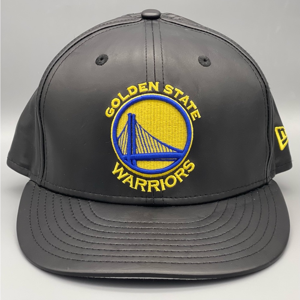 Golden State Warriors Fitted Hat New Era NBA Black Gold Faux Leather Cap NEW